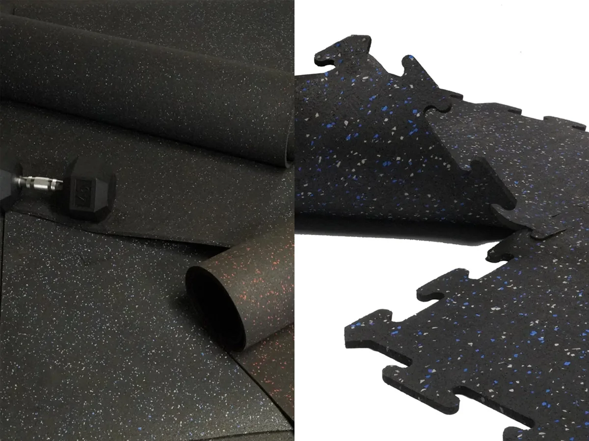 Rubber flooring rolls and interlocking tiles used for fitness spaces