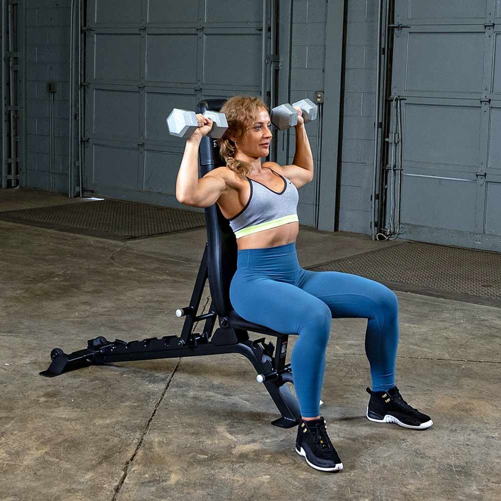 Body-Solid SFID325B adjustable bench used for seated dumbbell shoulder press